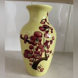 Japanese Pottery Mid Century Unmarked Vase Yellow with Cherry Blossoms